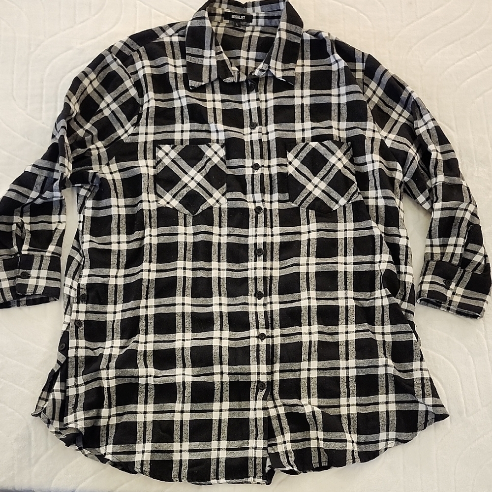 Wishlist Black and White Plaid Button Up Women's Tunic Top w/Side Buttons Size L